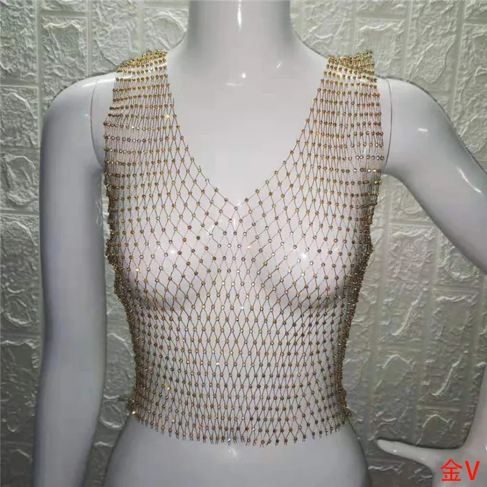 Gold V-neck FestivalQueen Сексуальная Бриллиантовая сетка обрезанная майка женская летняя накидка бикини Прозрачная сетка со стразами вечерние клубный кроп-топ - Цвет: Gold V-neck