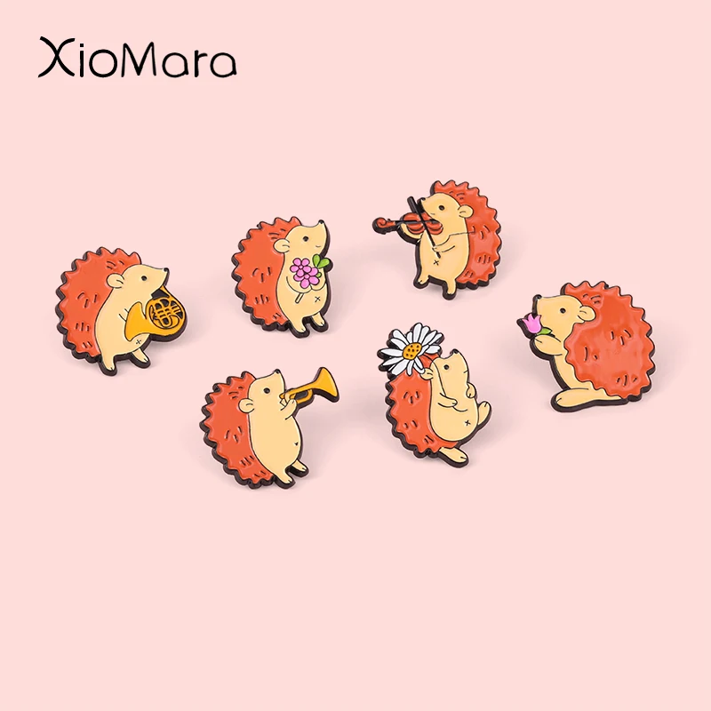 

Saxophone Violin Suona Hedgehog Band Enamel Pins Orange Hedgehog Brooches Bag Lapel Cartoon Animal Badge Jewelry Festival Gift