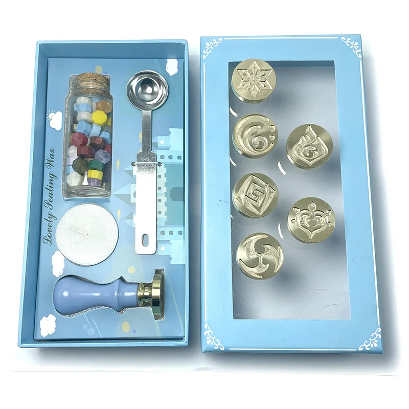 

Genshin Impact Game Colorful Stamps Cute Klee Zhongli Happy Birthday Eye of God Seven Elements Fire Paint Seal Full Set Boxed
