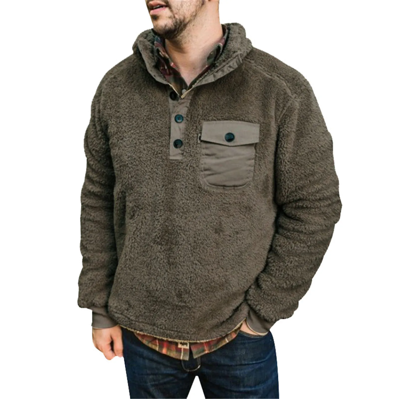 

Casual Simple Warm Plush Pullover Men's Fleece Outwear Turndown Collar Coat Streetwear for Fall Winter New