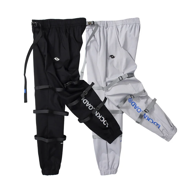 

Male Harajuku Multi-Ribbon Elastic Waist Jogger Trouser Men Hipster Baggy Cargo Black Gray Joggers Pants Sweatpants