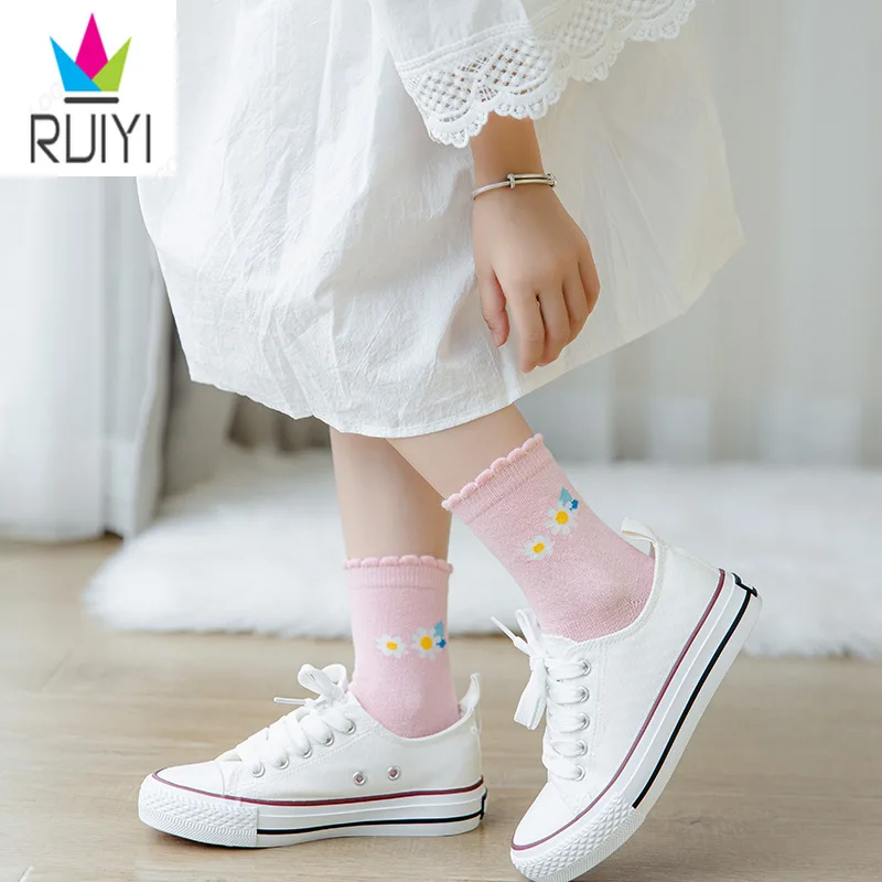 

RUIYI 5 pairs/set of children's socks pink plant flower ben pattern cute socks cotton breathable student all-match socks