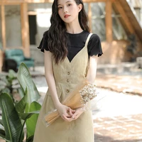 new age reduction a line middle skirt female summer suspender french dress two piece suit high waist v neck
