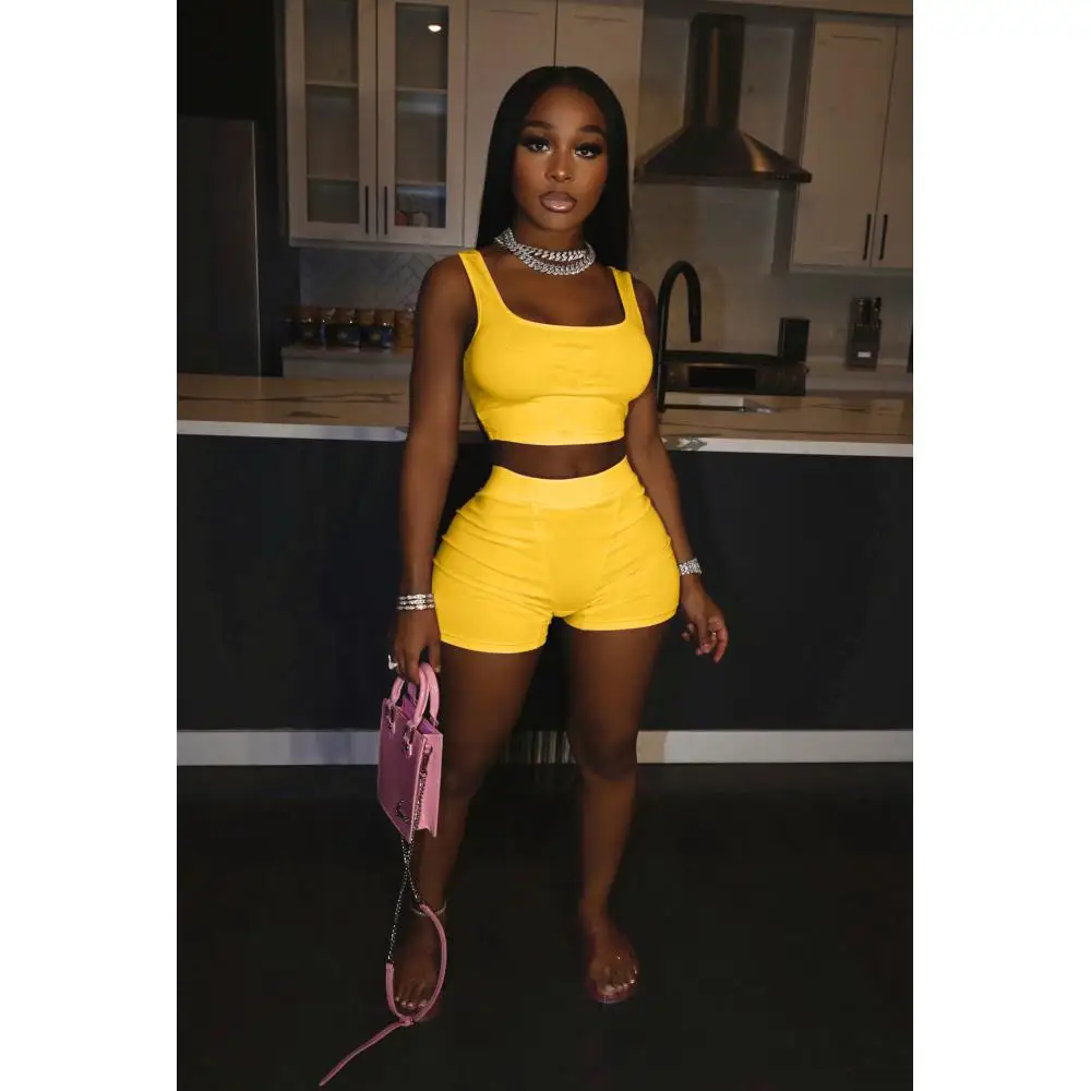 

Solid Sporty Tank Outfits 2 Pieces Athletic Workout Tracksuits Slim Tank Crop Top Tight Biker Shorts Jogger Gym Mini Short Pants