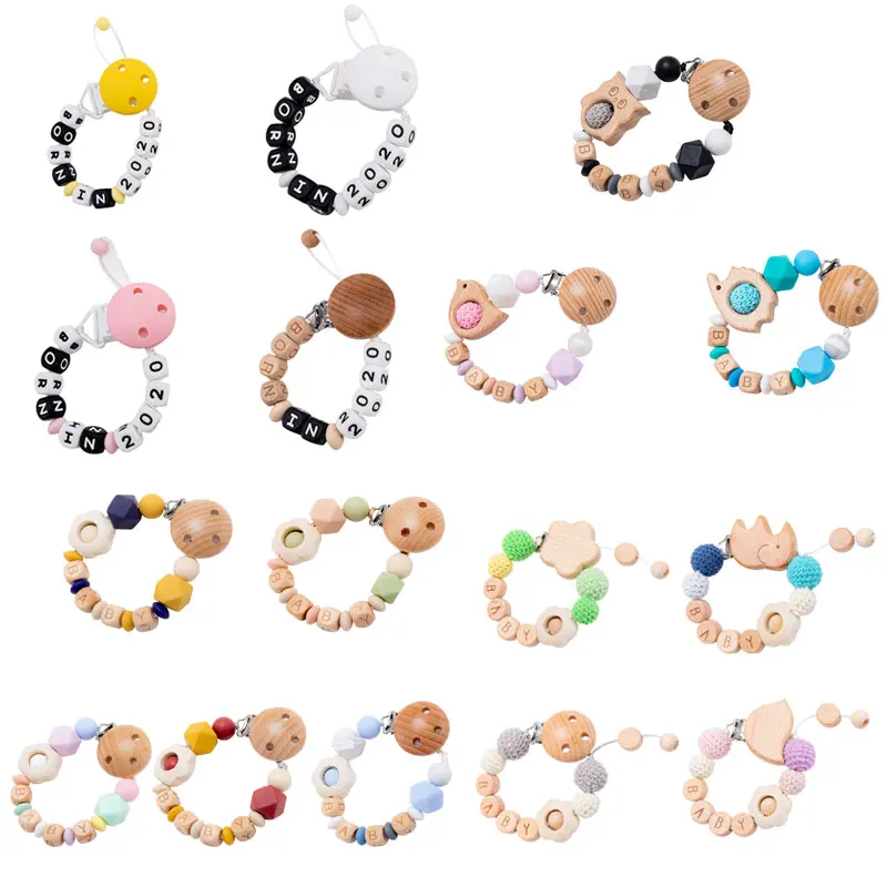 

1PC Personalized Pacifier Clip Wood Holder For Nipples Wooden Dummy PVC Crochet beads Beech Rodent Teether For Teeth Let's Make