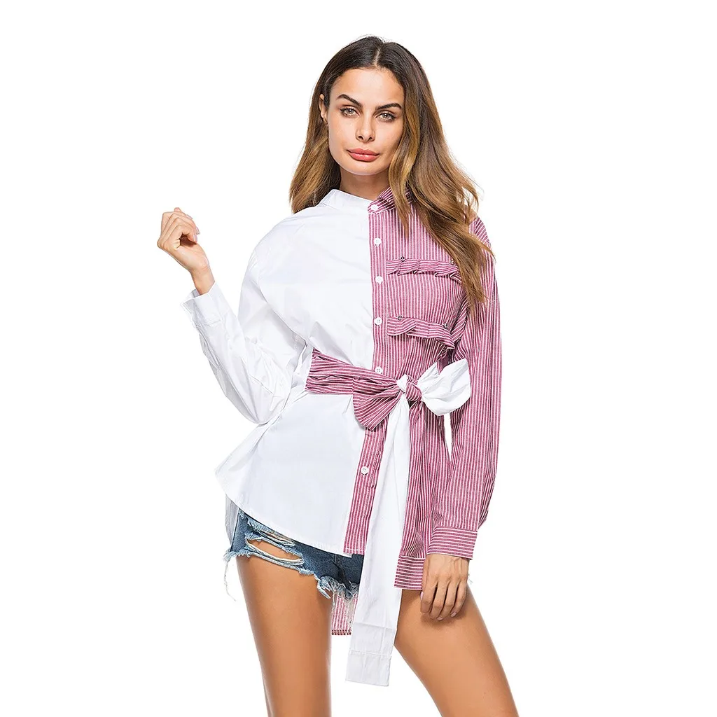 Бесплатная Страусиные Женские топы и блузки с бантом в полоску асимметричная
