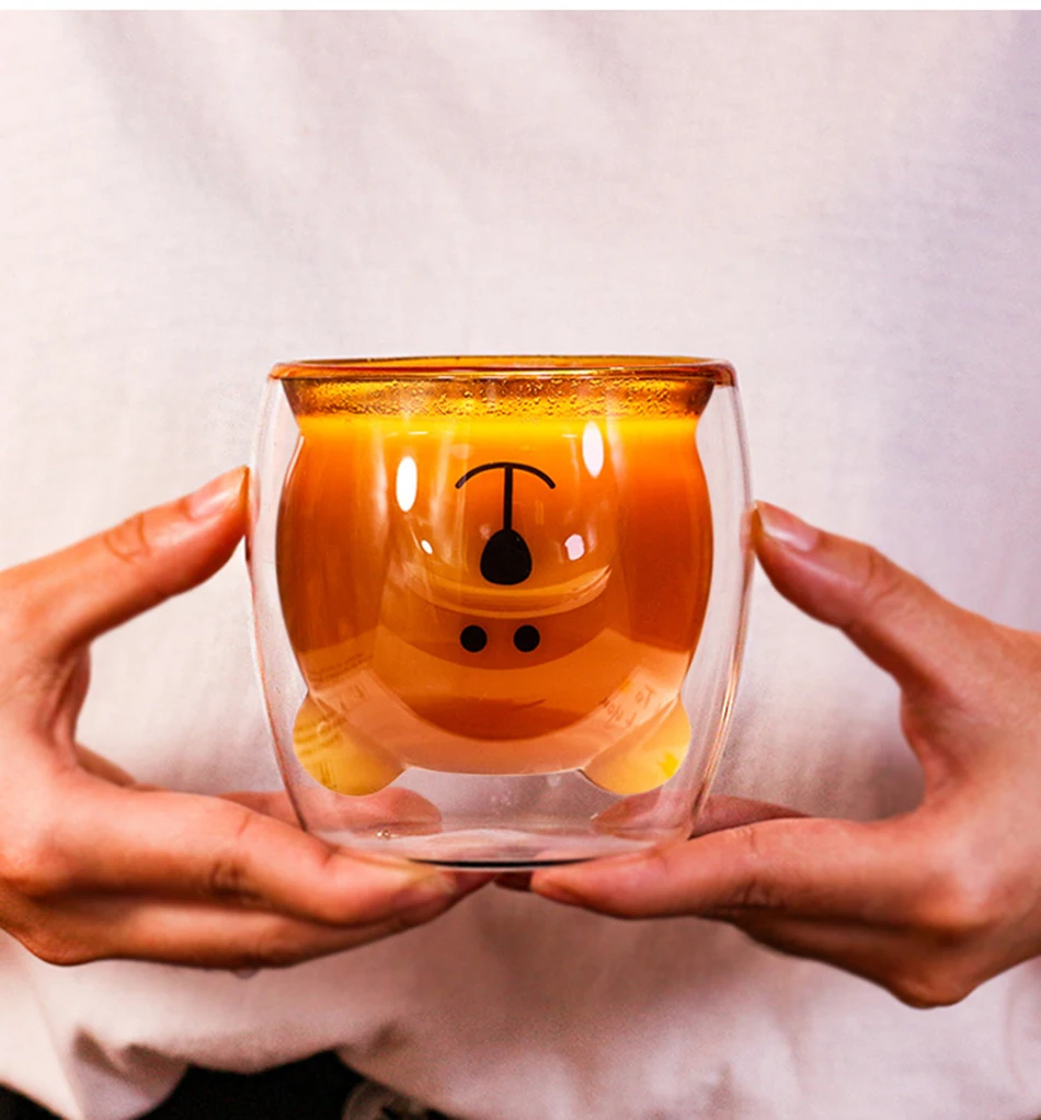 Креативная стеклянная кофейная чашка с двойными стенками Высокая боросиликатная термостойкая кружка милый мультяшный медведь кошка прозрачные молочные чайные стеклянные чашки