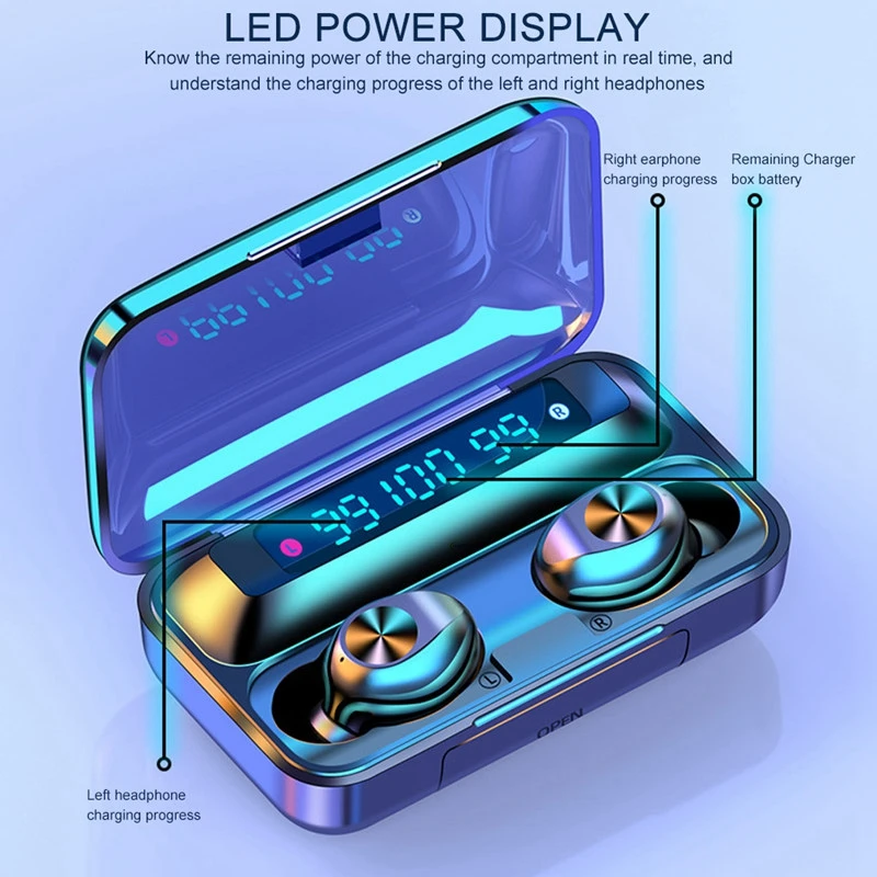 

F9-9 TWS Wireless Bluetooth Earphone Touch control 9D Stereo Headset with mic Sport Earphones Waterproof Earbuds LED display