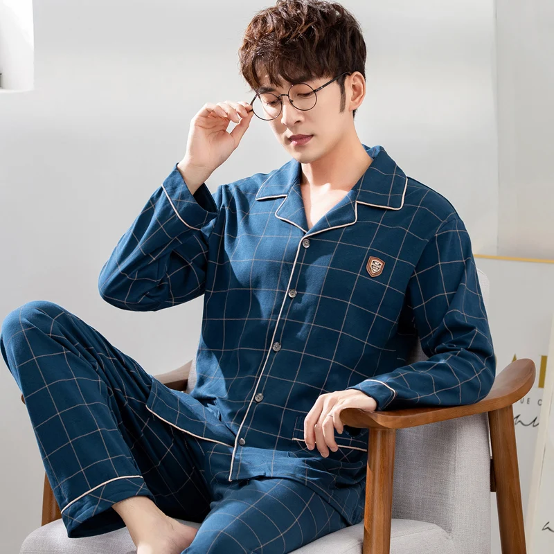 Casual Loose Sleepwear Korean Long Sleeve Cotton Bedroom Autumn Fashion Plus Size Sleepwear Szata Zestawy Men's Sleep DB60SY