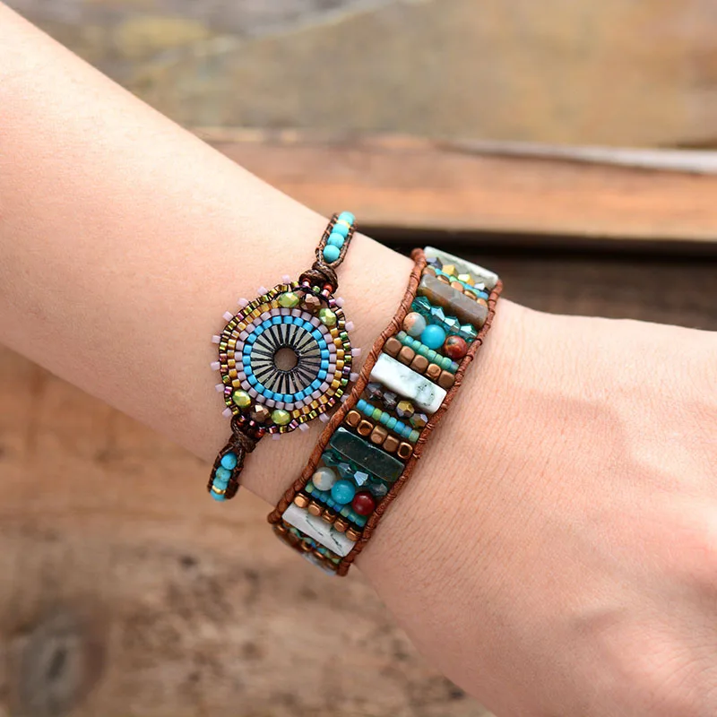 Женский Браслет манжета в стиле бохо из искусственных камней|leather wrap bracelet|wrap