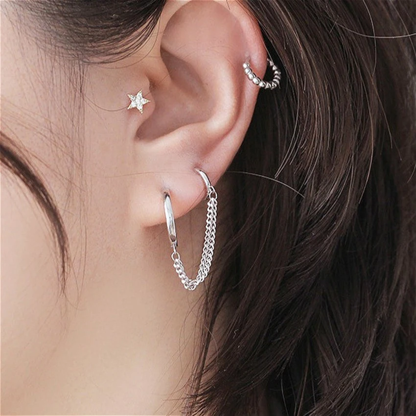 

1 PCS Hot Sale Two Hole Piercing Earrings for Women Brilliant Crystal Zircon 3 Metal Color Chain Earring Party Jewelry