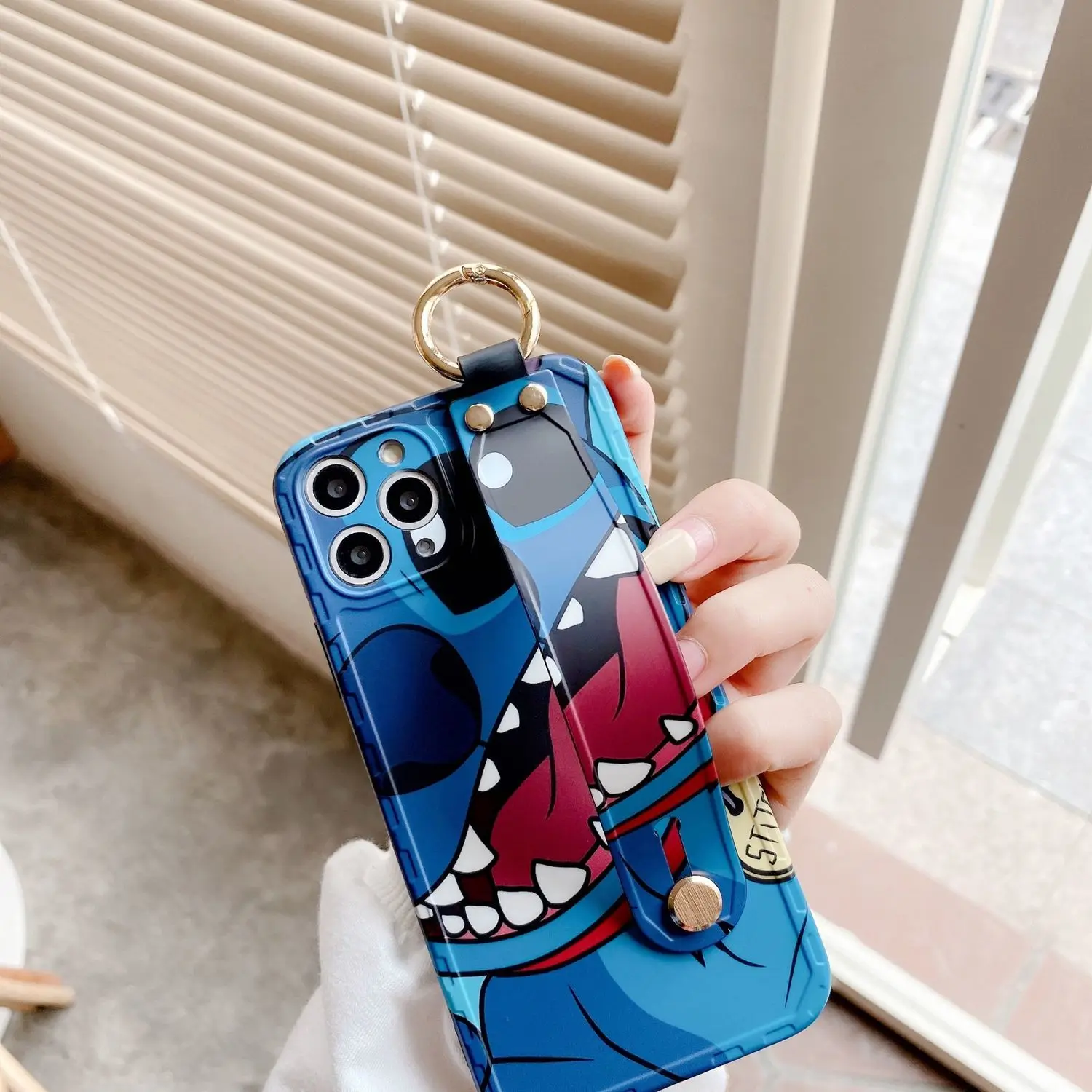 

Disney Stitch Monsters Inc Wrist Strap Case for Iphone 12 Pro Max X XS XR 7 8 Plus SE2 Back Cover Anti-fall Soft glue Shell Cell