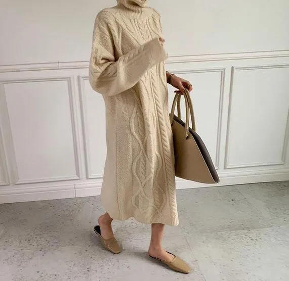 

Twisted Knitted Women Sweater Long Dress 2020 Autumn Winter Full Sleeve Turtleneck Loose Straight Dresses Casual Ladies Vestidos