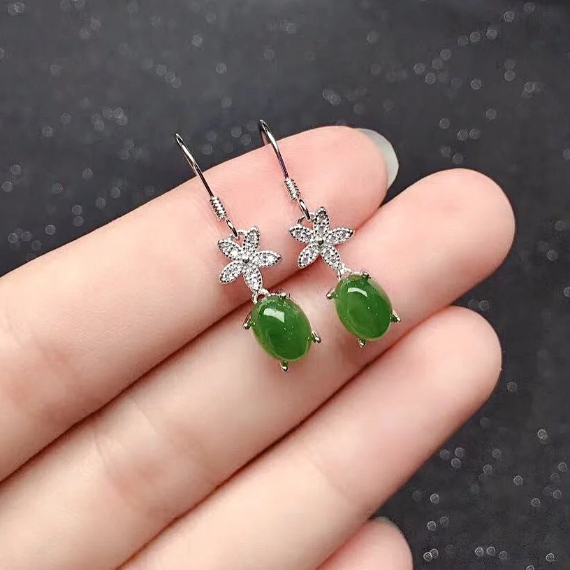 

Fashion Green Jade Drop Earrings for Daily Wear 6mm*8mm Natural Jade Silver Earrings Solid 925 Silver Jade Jewelry