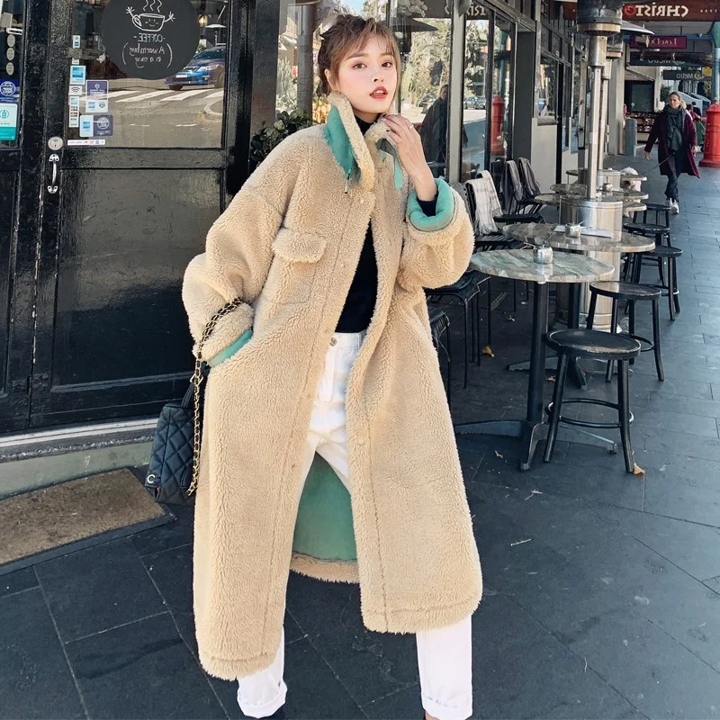 

Winter Women's Lambs Wool Coat Hit Color Fur One Stand-up Collar Loose Long Thick Fashion Protect Against The Cold Jacket Female