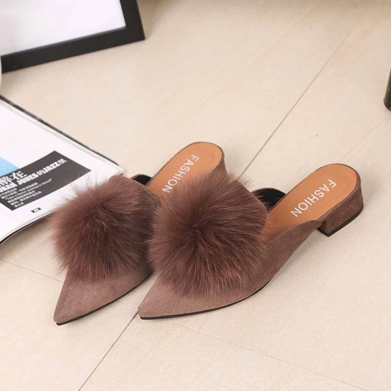 

Women Flat Shoes Fashion Low Heel pompon Fur Ladies Silppers Slip-on Sandals Women Mules Pointed Toe Casual Flat Shoes