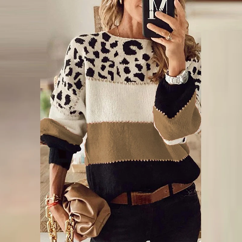 

Women Casual O Neck Patchwork Sweater Top Autumn Winter Ladies Elegant Lantern Sleeve Pullovers Female Plus Size Loose Cloth 3XL