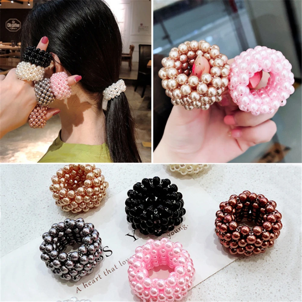 

Korean Elegant Imitation Pearl Beads Scrunchies For Woman Fashion Elastic Hair Rope Gum Ponytail Holders Rubber Hair Accessories