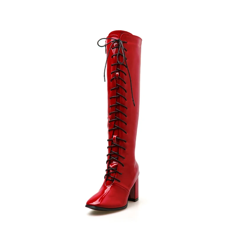Зимние роскошные женские теплые плюшевые сапоги для верховой езды на шнуровке; сапоги до бедра из лакированной кожи; высокие сапоги на блочном каблуке; обувь для вечеринок