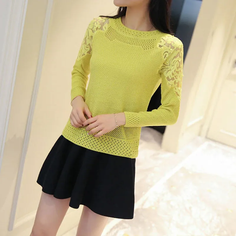 UHYTGF Knitted pullover sweaters women Fashion hollow lace short tops beaded long sleeves thin Spring autumn Sweater female 532 | Женская