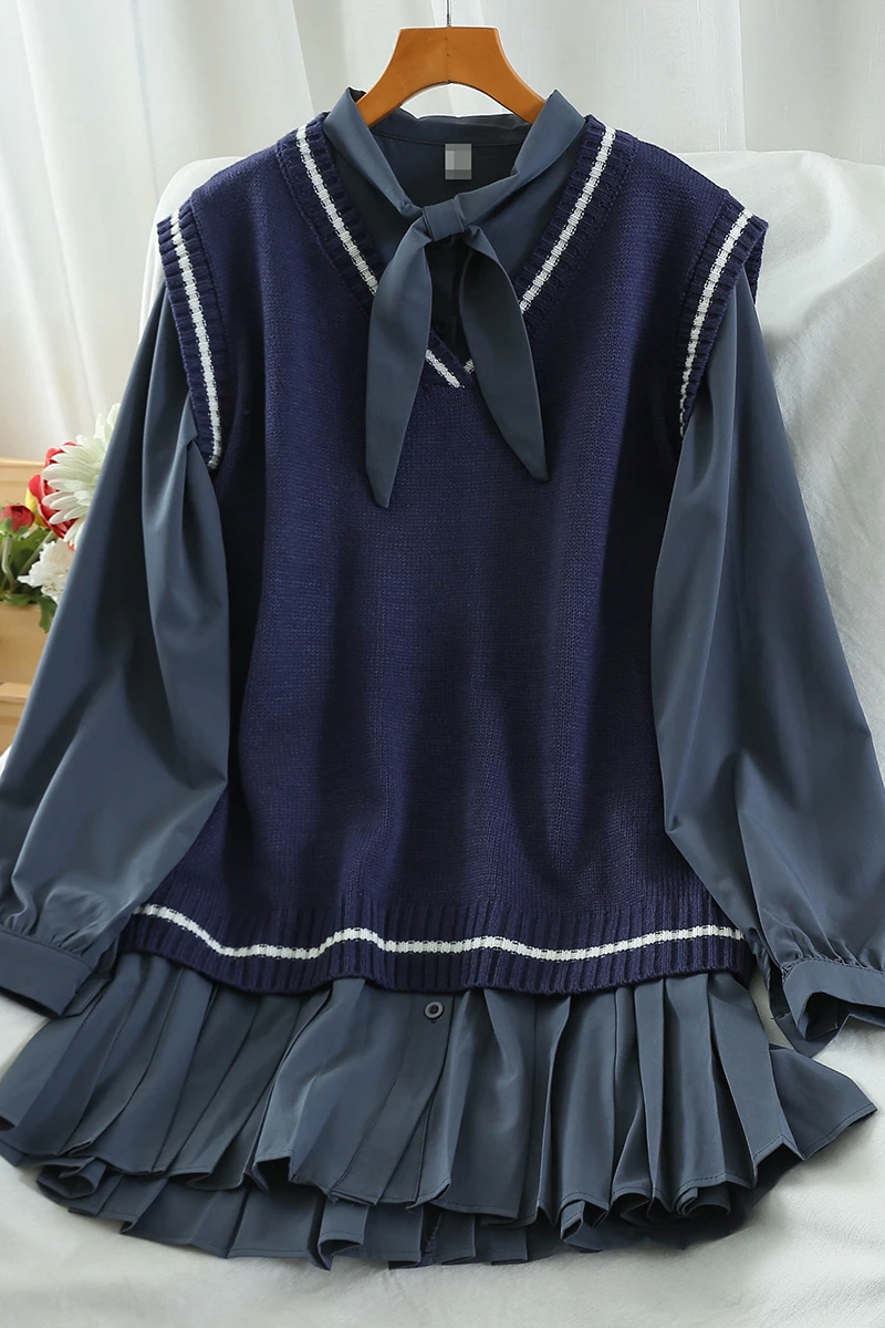 

College Style Chic Student Girls Single Breasted Pleated Shirt Dress V Neck Knitted Vest Two Piece Set Women Casual Dress