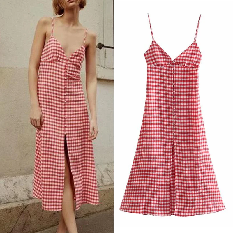 

Dress ZA Summer New Fashion Youth Plaid Elegant Sling V-neck women Dress 2021 Casual Chic Street Party dress women