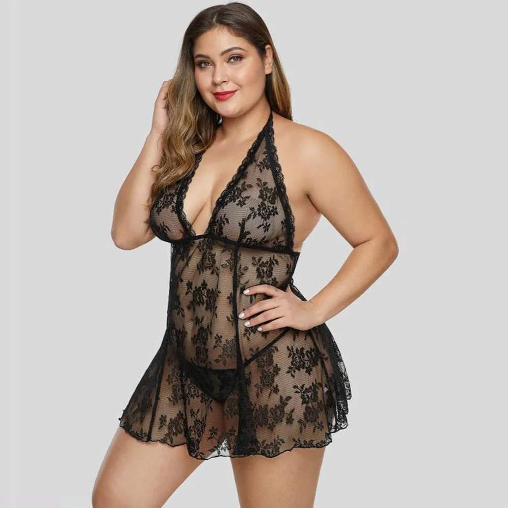 

Woman Sexy Perspective Open Back Floral Lace Plus Size Lingerie Set Lady Sheer Babydoll Halter Dress