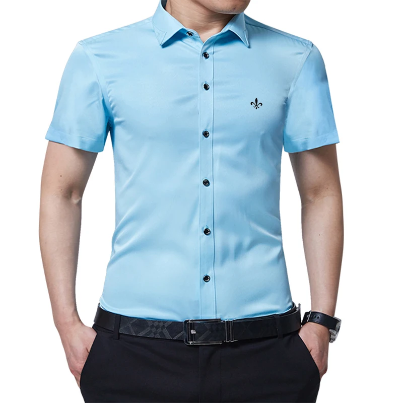 Против морщин и нежелезной вышивки мода Blusa Camisa Social Masculina Dudalina короткий рукав Slim Fit рубашка мужская одежда с цветочным рисунком - Цвет: DCZ2701-GREEN