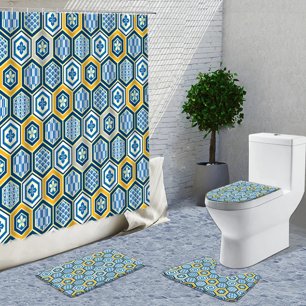 

Geometric Shower Curtain Fabric 4pcs Set Creativity Pattern Bathroom Set Stitch Rugs And Curtains Flannel Mats Toilet Cover