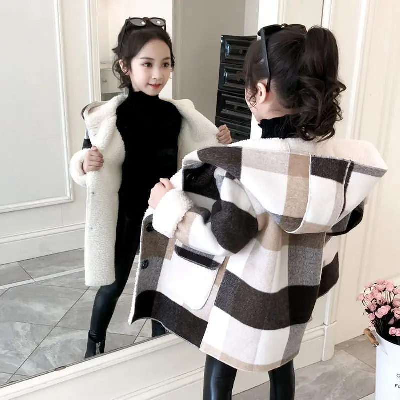 

Girls Coat Lamb Coat for Girl Girls Plaid Thickened Fashion Children's Woolen Cloth Coats Casual Medium Long Overcoat 4-14 Y