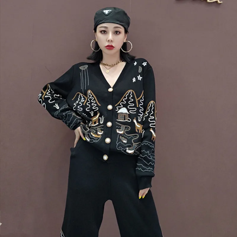 Two piece Set Autumn 2020 New knit Sweater Women Set Fashion Embroidery Tops+Casual Pants Ladies 2 Piece Outfit Female Winter