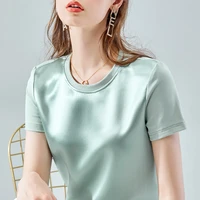 acetate satin top design loose korean style 2022 summer new silk stitching solid color short sleeved chiffon shirt blouses c0030