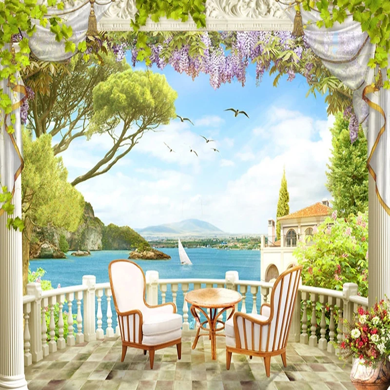 Dropship Custom 3D Mural Wallpaper Stereoscopic Space Garden Balcony Seascape Photo Walpaper 3d Wall | Обустройство дома