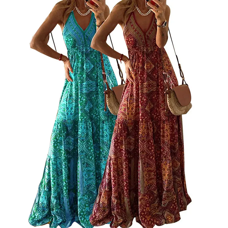 

2021 Summer Women's Boho Vintage Maxi Dress Flora Print Deep V Neck Loose High Waist Long Dress Spaghetti Strap Vestidos Clothes