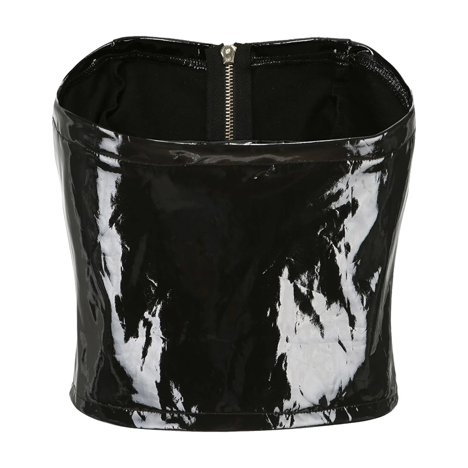

Womens Girls Bustier Tube Top Fashion Patent Leather Front Zipper Strapless Rave Crop Tops Clubwear for Stage Performance