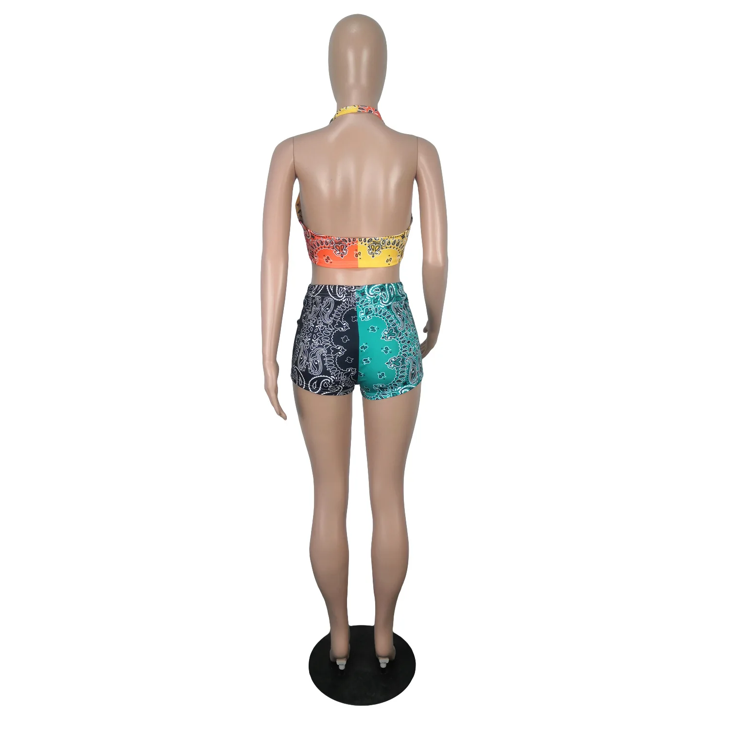 

Color Block Bandanna Outfit Summer 2 Piece Sets Spaghetti Strap Crop Top Beachwear Shorts Streetwear Sporty Slim Matching Suits