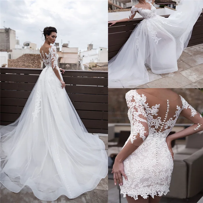 

Scoop Neck Sheath Spring Women Wedding Dresses Appliques Lace 2 In 1 Formal Bridal Gowns Slim With Detachable Train Bridal Gowns