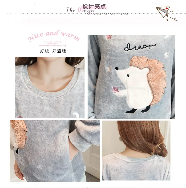 

Long Sleeve Women Pajamas Set Cute hedgehog Print Winter Warm Thick Flannel Pyjamas Set Round Neck Coral Velvet Women Sleep Wear