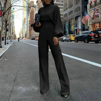 spring female solid polyester playsuit overalls s xl 3 color women spring turtleneck jumpsuit long sleeve wide leg jumpsuits