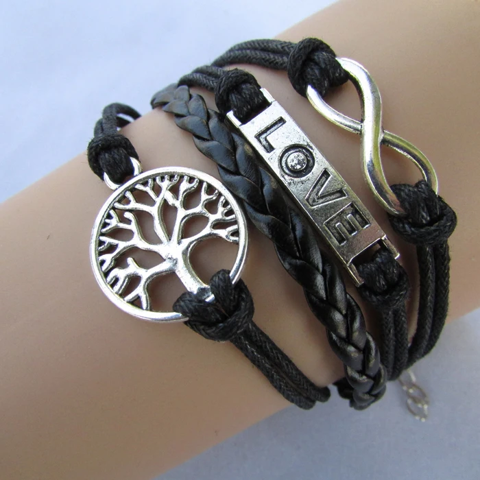 Жизнь Дерево любовь бесконечно ручная работа вязать черный Многослойный кожаный