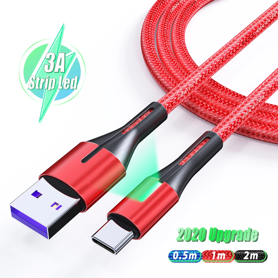 2/1/0 5 м 3A светодиодный кабель Micro USB Type C зарядное устройство для Samsung Android мобильный