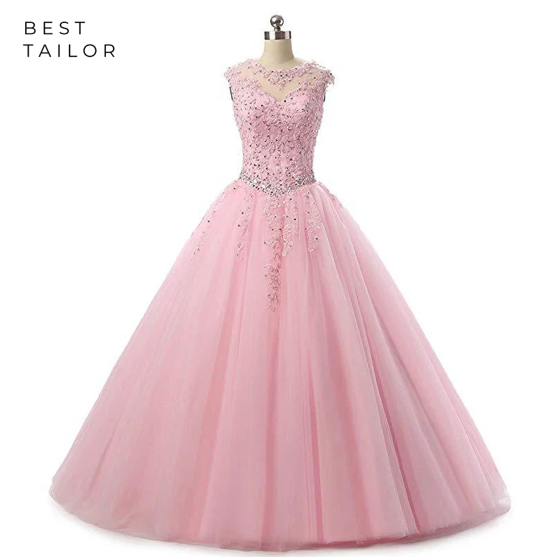 Quinceanera Dresses 2021 Pink Ball Gown Classic Beads Sheer vestido de 15 anos de debutante Sweet 16 Dresses ballkleid Birthday
