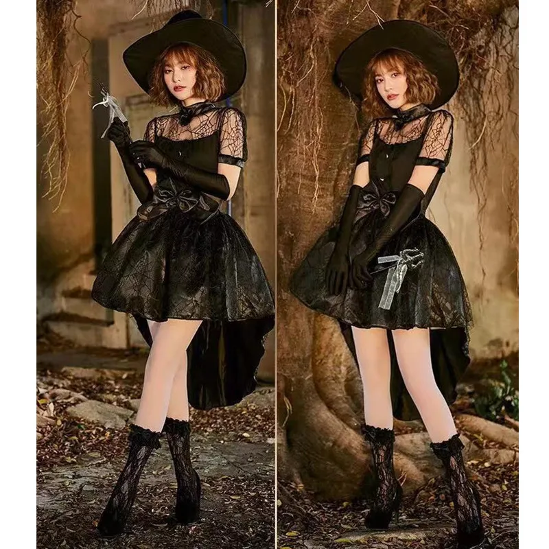 

Gothic Black Lace Women Sorceress Cosplay Female Halloween Witch Costumes Carnival Purim Parade Stage Show Role Play Party Dress