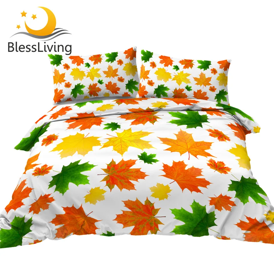 

BlessLiving Maple Leaf Bedding Set Colorful Bedspread Fall Autumn Tree Leaves Duvet Cover Yellow Orange Green Watercolor Bed Set