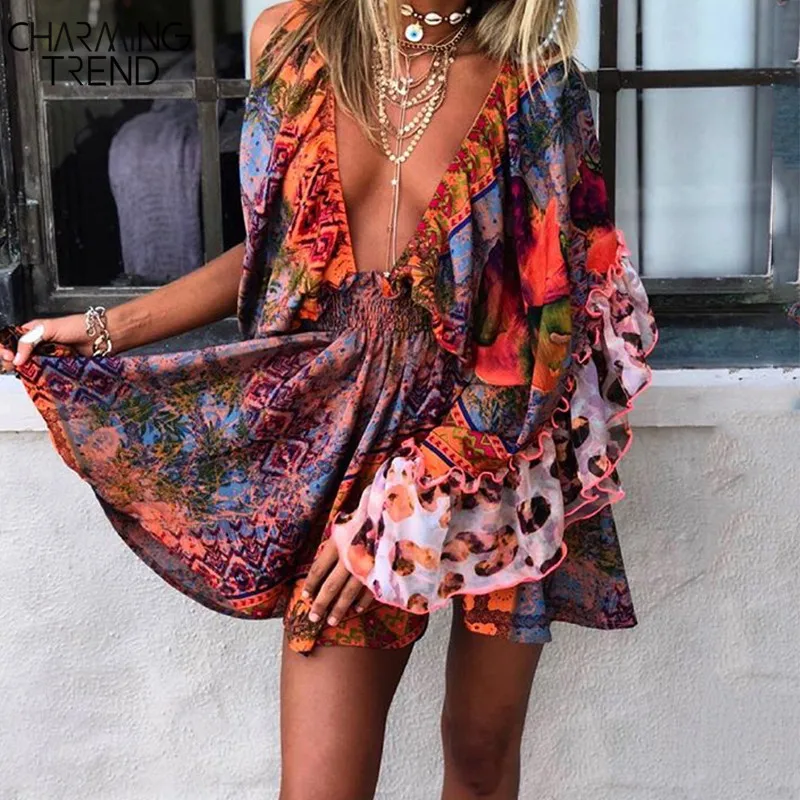 Женское мини платье с принтом в стиле бохо Сексуальная Талия 2020 летнее винтажное