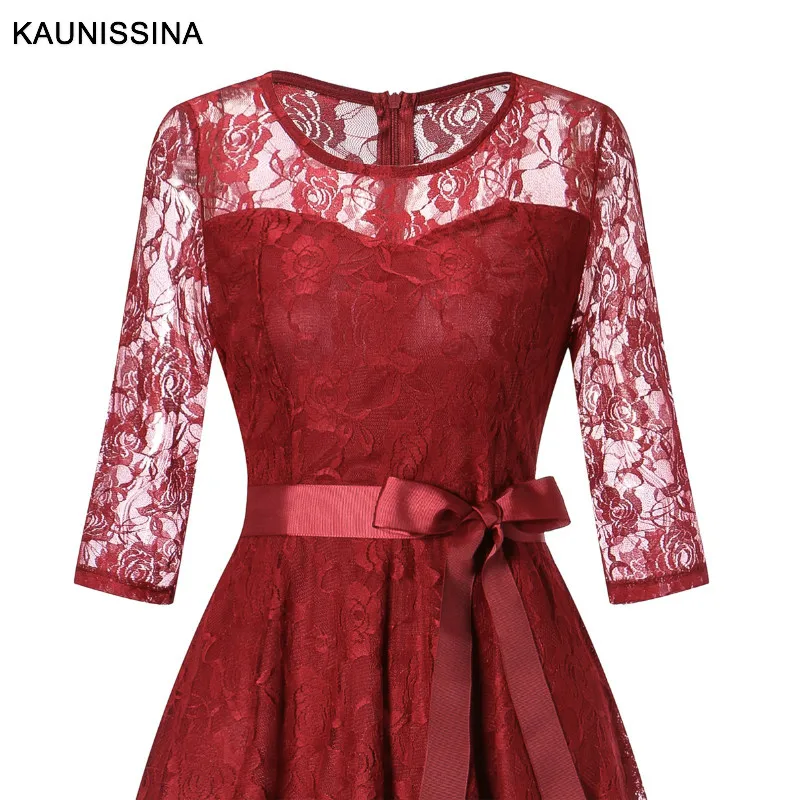 KAUNISSINA, элегантное кружевное коктейльное платье, рукав 3/4, открытое женское платье, халаты, коктейльное платье, платья для выпускного вечера