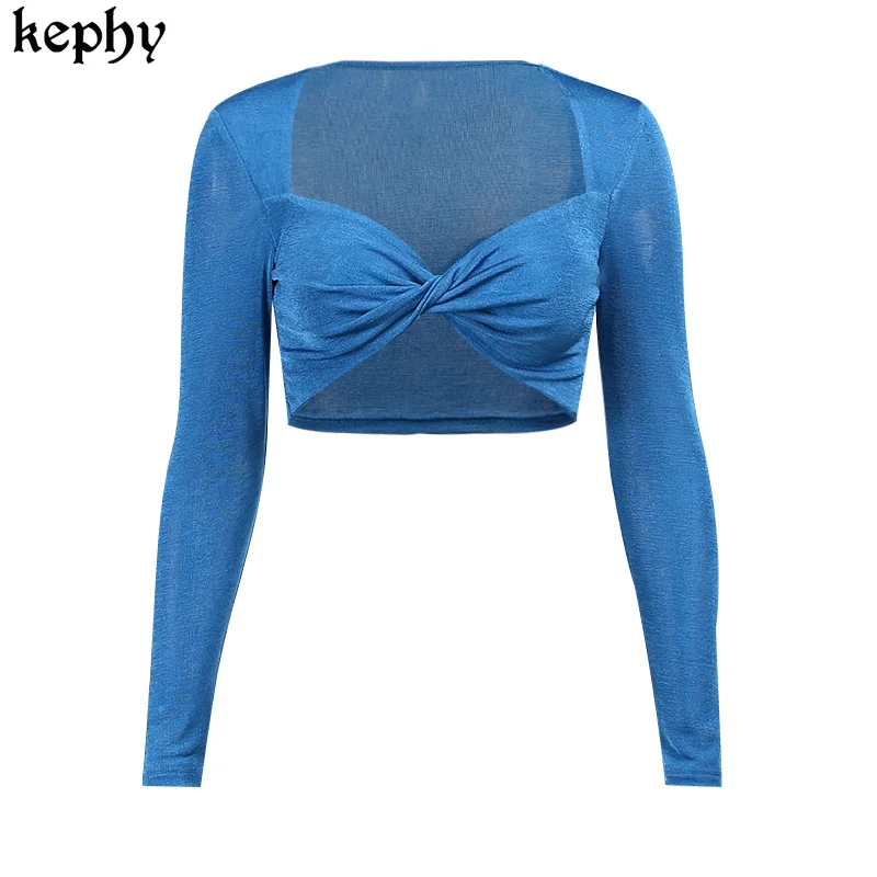 Женский летний сексуальный однотонный топ с V-образным вырезом и длинным рукавом