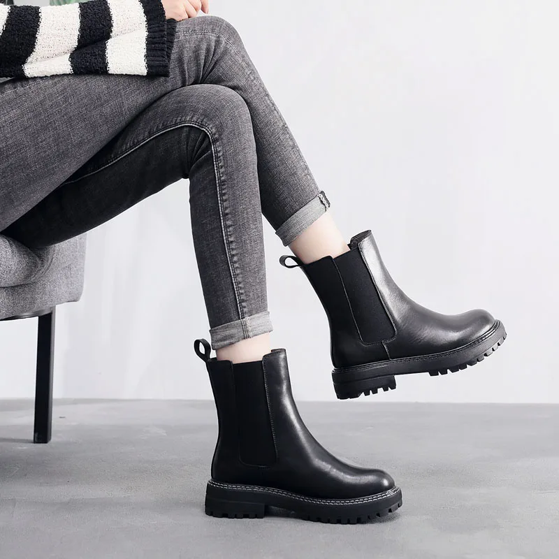 

Fashion Autumn Women Ankle Boots New Handmade Genuine Leather Slip On Chelsea Boots Women Mid-calf Casual Platform Boots