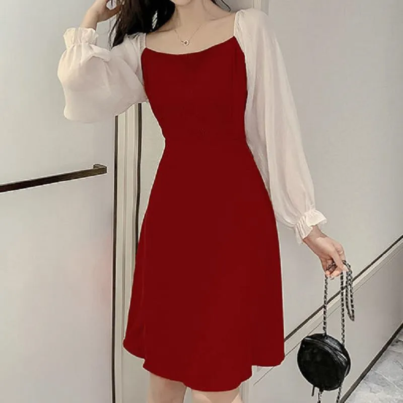 

Women Lantern Sleeve Dress Square Neck High Waist Color Block Dress Temperament Mid-length Slim Spring Clothing