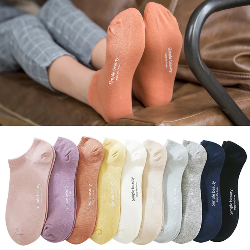 Women's Summer Invisible Thin Ankle Short Socks Cotton Candy Solid Color Fashion Casual Cute Breathable Boat 5Pairs/Lot | Женская